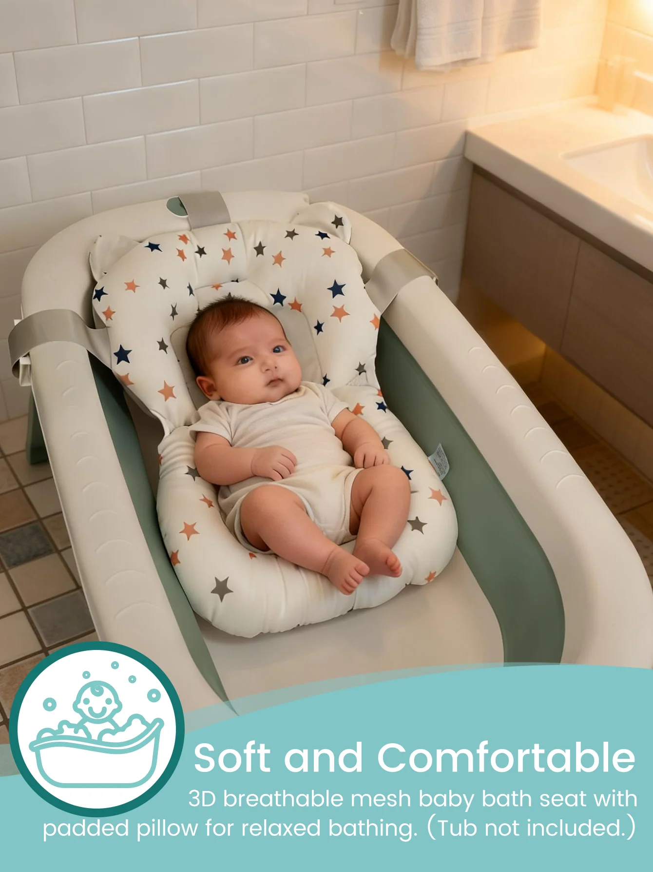 Baby Bath Support Seat Star Pattern Print 3D Breathable Mesh Soft Padded Pillow Non-Slip Infant Newborn Bath view 3