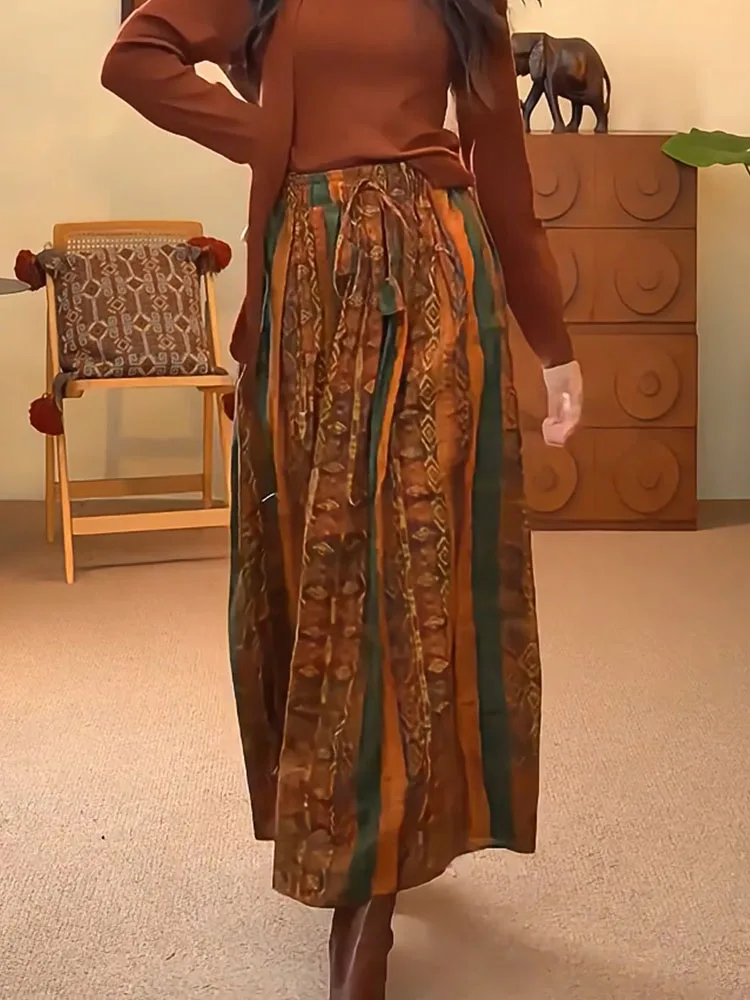 

Retro Ethnic Print f Skirt Loose Drapey Long Design Sensation Autumn New Sle Casual High Waist A-Line Skirt
