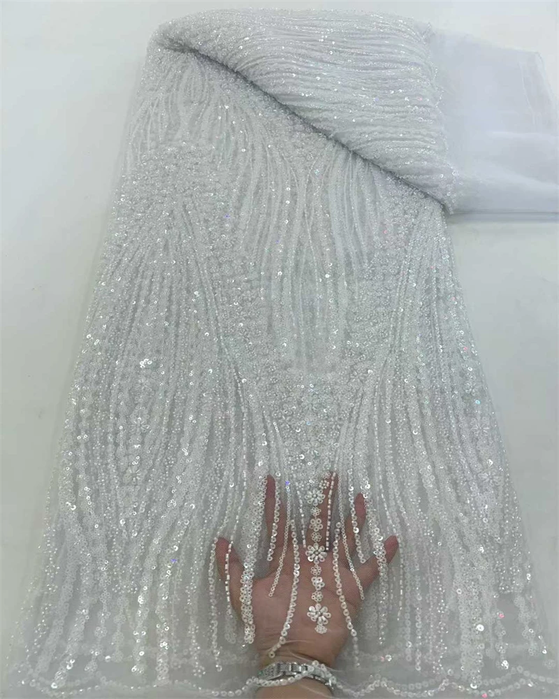 

Luxury French Mesh Embroidery Beaded Lace Fabric African Nigerian Sequins Lace Fabric For Wedding Dress Sewing Material