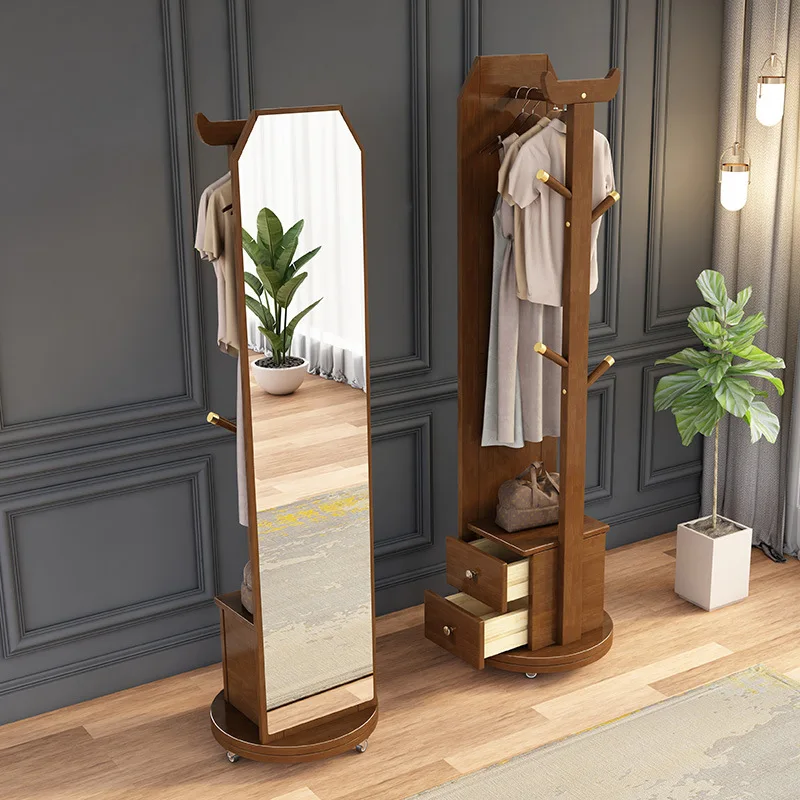 Hanger bedroom floor-to-ceiling household light luxury coat rack modern rotatable solid wood with mirror drawer integrated hange