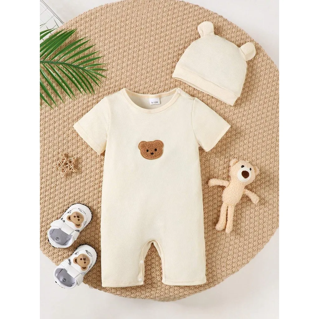 Summer Romper for 1-18Months Newborn Baby Boy Short Sleeved Teddy Bear Pattern Jumpsuit+Ear Hat 2PCS Simple Baby Onesie Outfits