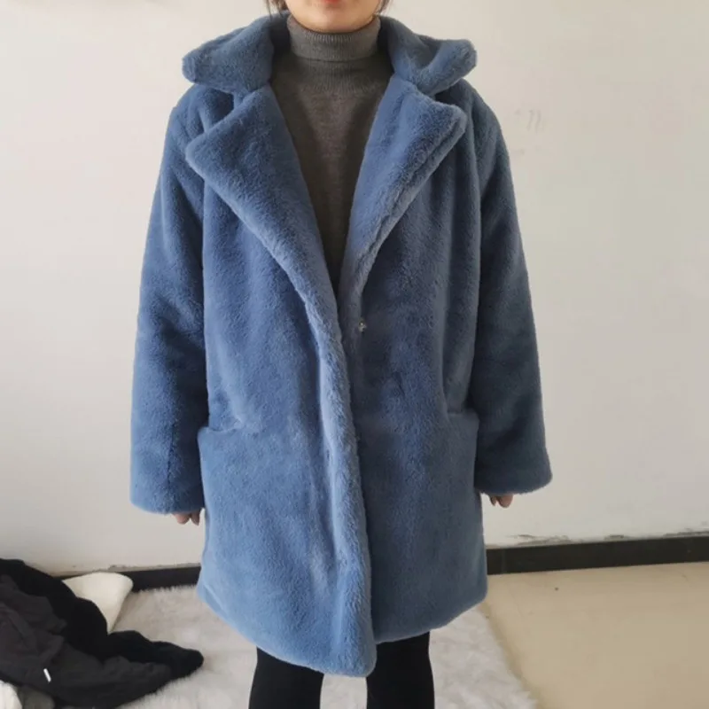 2023 Winter New Women Faux Fur Coat Mid-Length Thicken Suit Collar Parkas Fashion Imitation Rabbit Fur Solid Color Warm Outwear