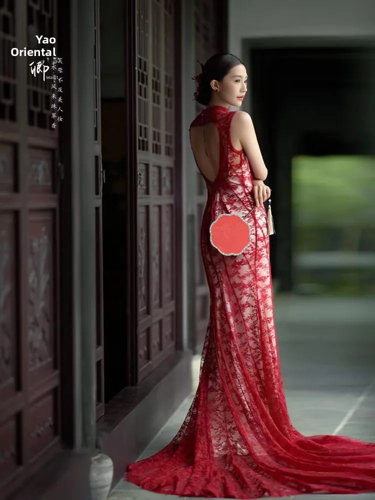 

Red Wedding Dress Couple Photo Shoot New Chinese Style Retro Theme Outdoor Garden Studio Photography Costume Ethnic Stage Cos...