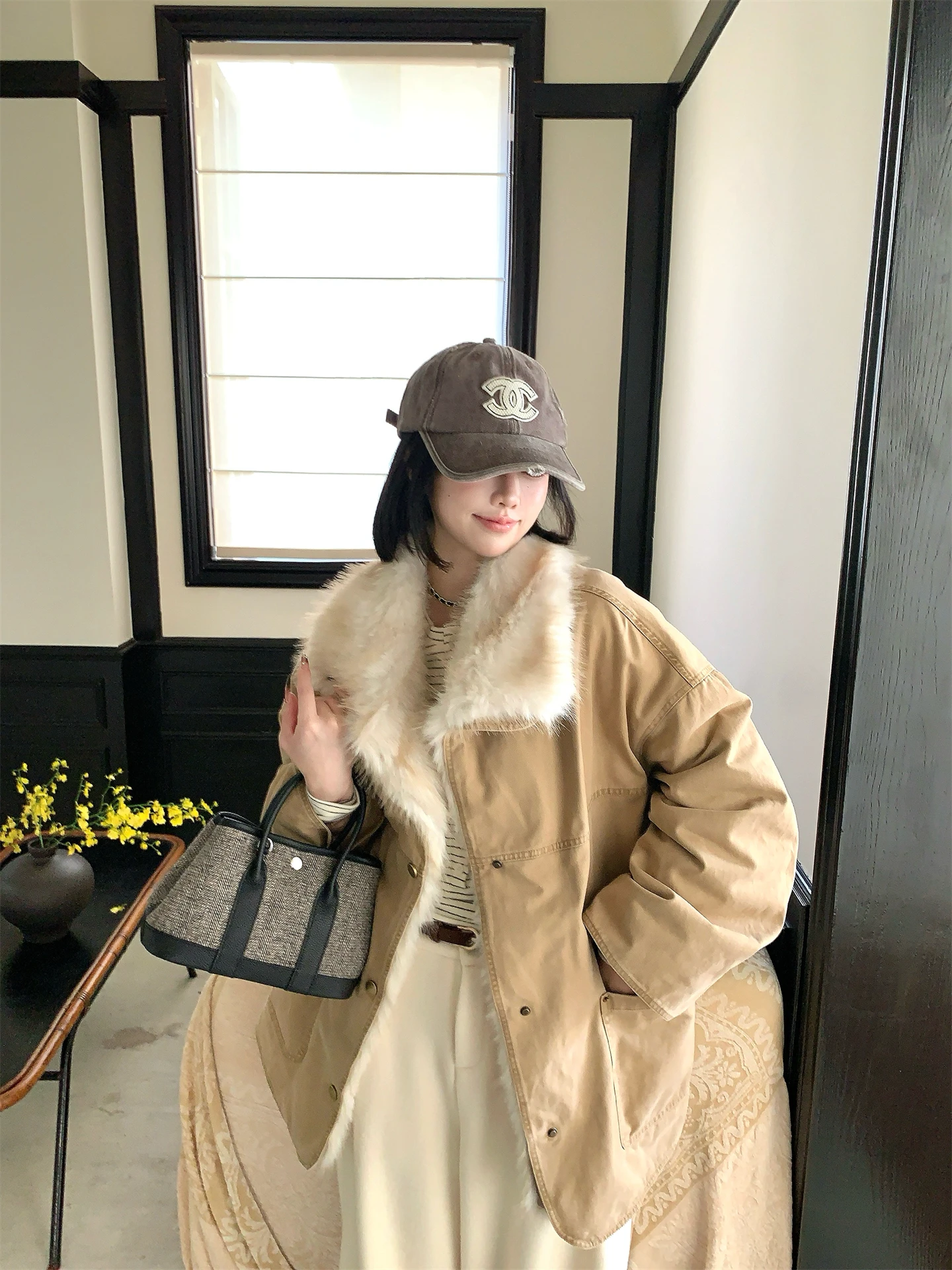 

Thiened Cotton Jaet Women's Winter Coat Middle-Length Waed Denim Fur Collar Americano Sle Workwear Padded Coat