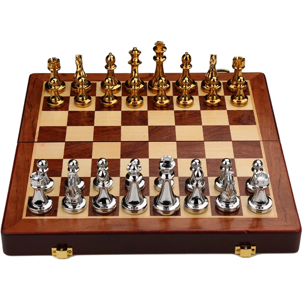 30CM Luxury Metal Chess Figures International Wooden Chessboard 32 Gold Silver Chess Pieces Magnetic Board Family Game Chess Set