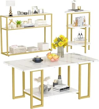 Image 3 Pieces Modern Coffee Set, with End Table and Console Table, Contemporary Faux Marble Living Room Table Sets, White&Gold