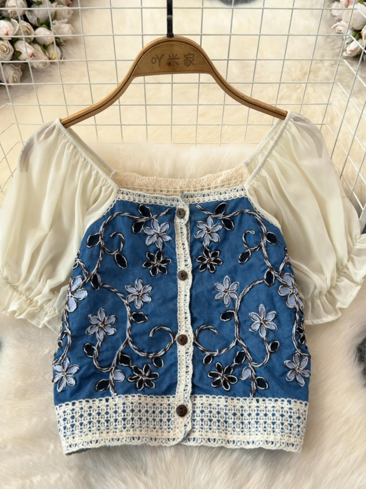 Crochet Knit Blouse for Women Square Neck Chiffon Puff Sleeve Embroidery Floral Tops Fairycore Cottagecore Spring Summer Outfit