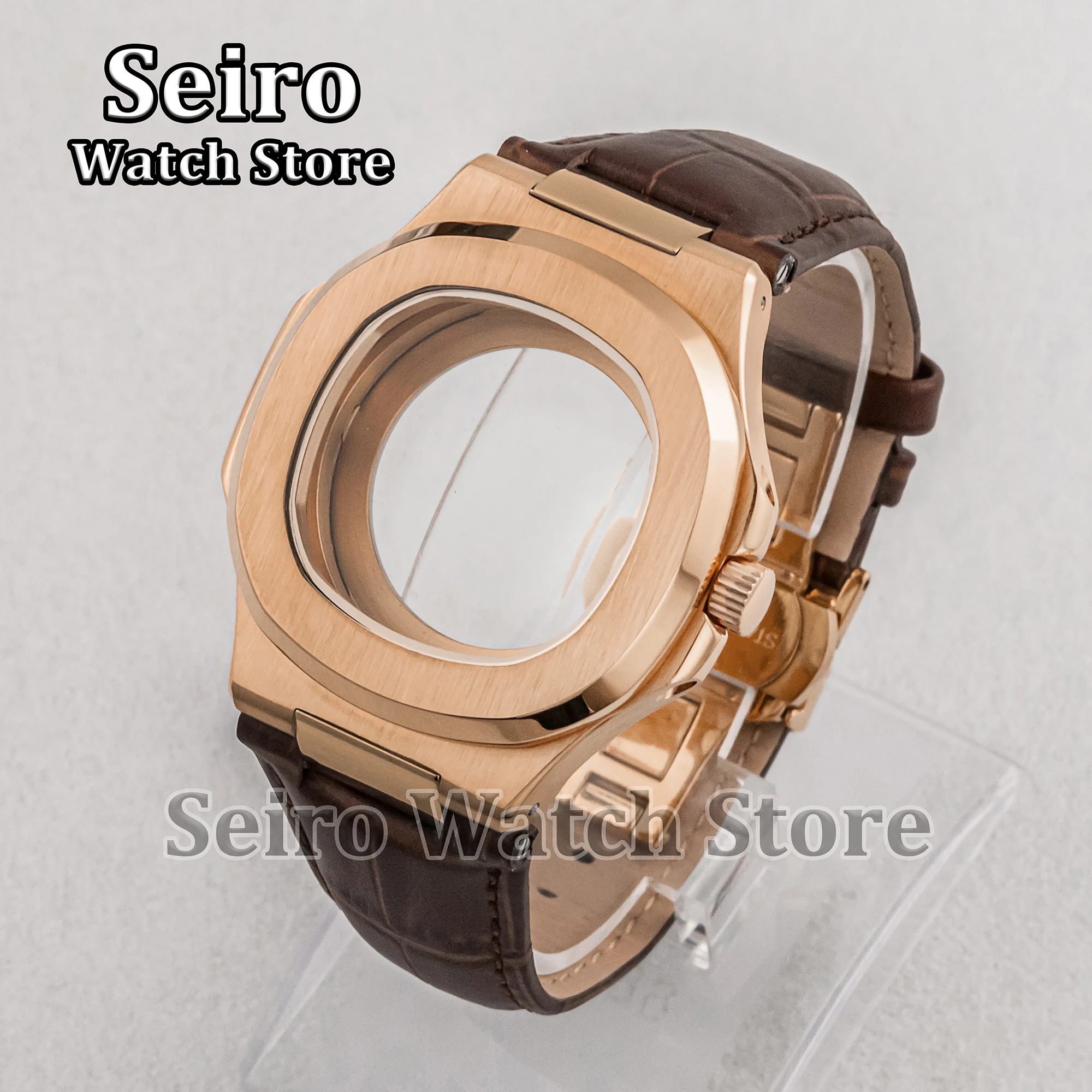 

Rose Gold Nautilus NH35 Case Genuine Leather Strap Stainless Steel 100M Waterproof Sapphire Glass for NH36 Movement Modification