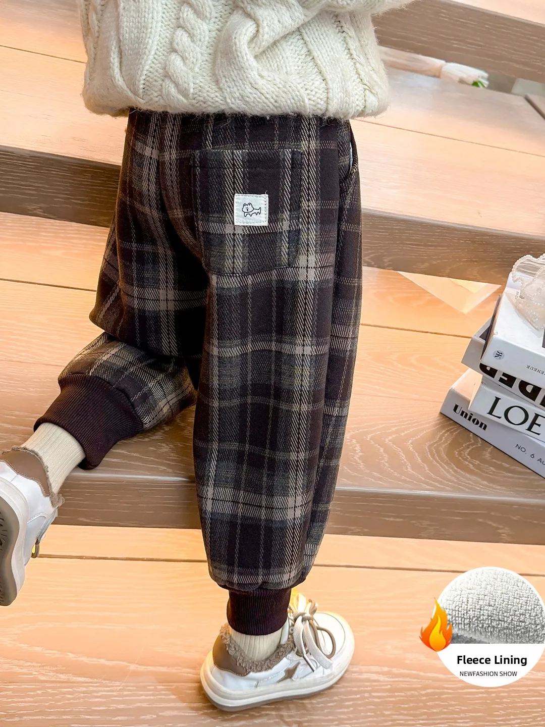 

Girls Plaid Fce Lined Casual Pants High Waist Long Trousers Faionable Warm Velvet Cuffed Long Trousers