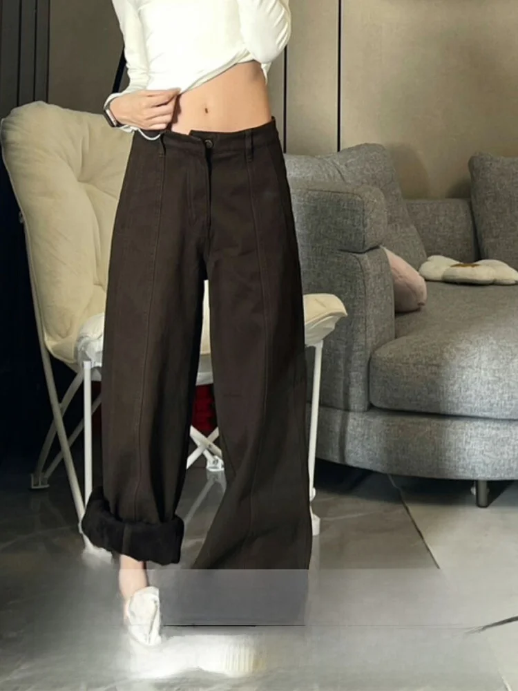 

Джинсы с высокой талией и широкими штанинами, женские, свободного кроя, джинсовые брюки, осень-зима, новинка, прямой крой, ретро, американский винтаж...