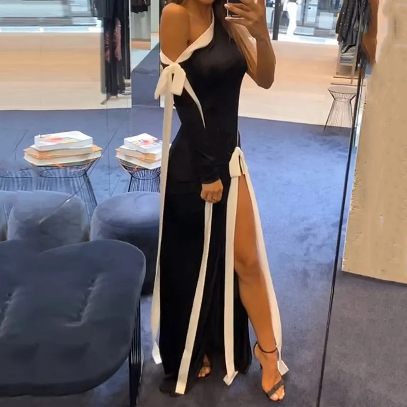 Ellafads Autumn Women Sexy Fashion Patchwork Long Sleeve One Shoulder Lace Up Irregular Slit Slim Evening Party Dress Streetwear