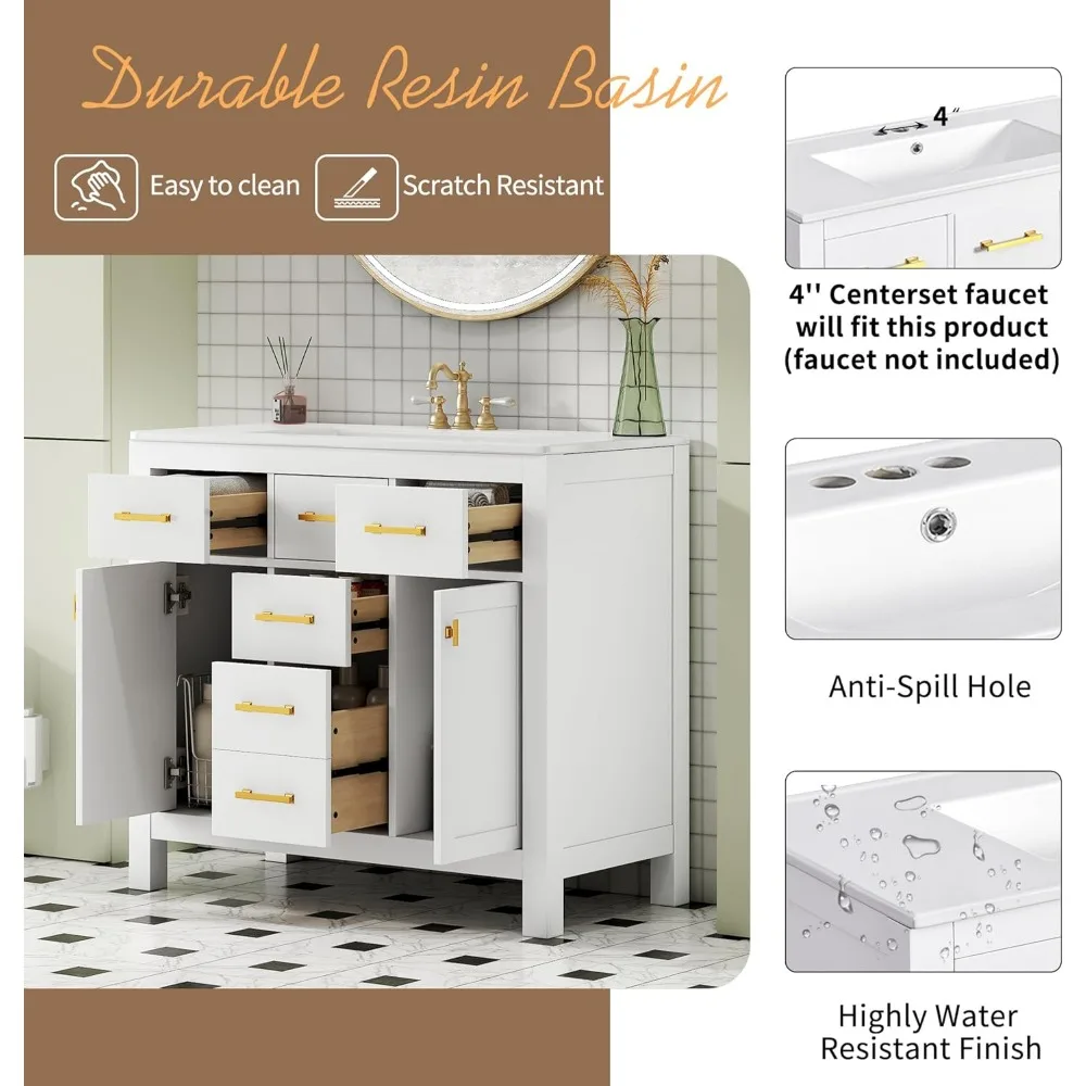 36" Bathroom Vanities with Single Sink Set, Bathroom Storage Cabinet with 4 Drawers and 2 Soft Closing Doors, Solid Wood Frame B