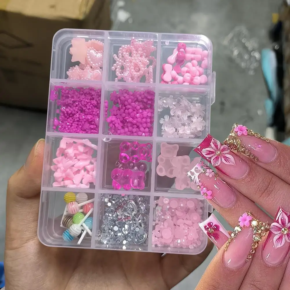 12Grids 3D Mixed Bowknot Flower PNail Charms Simulation Pearl Beads Ribbon Y2K Nail Art Decoration DIY Crafts Manicure Accessory