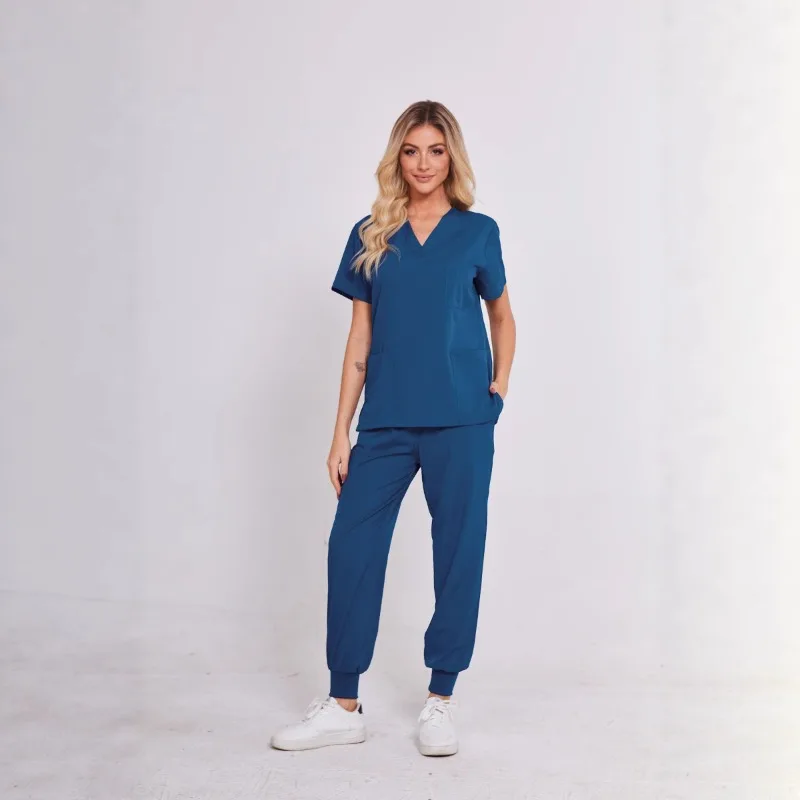 Moda casual com decote em v macacão de manga curta hospital enfermeira uniforme banho loja de beleza calças com cordão terno