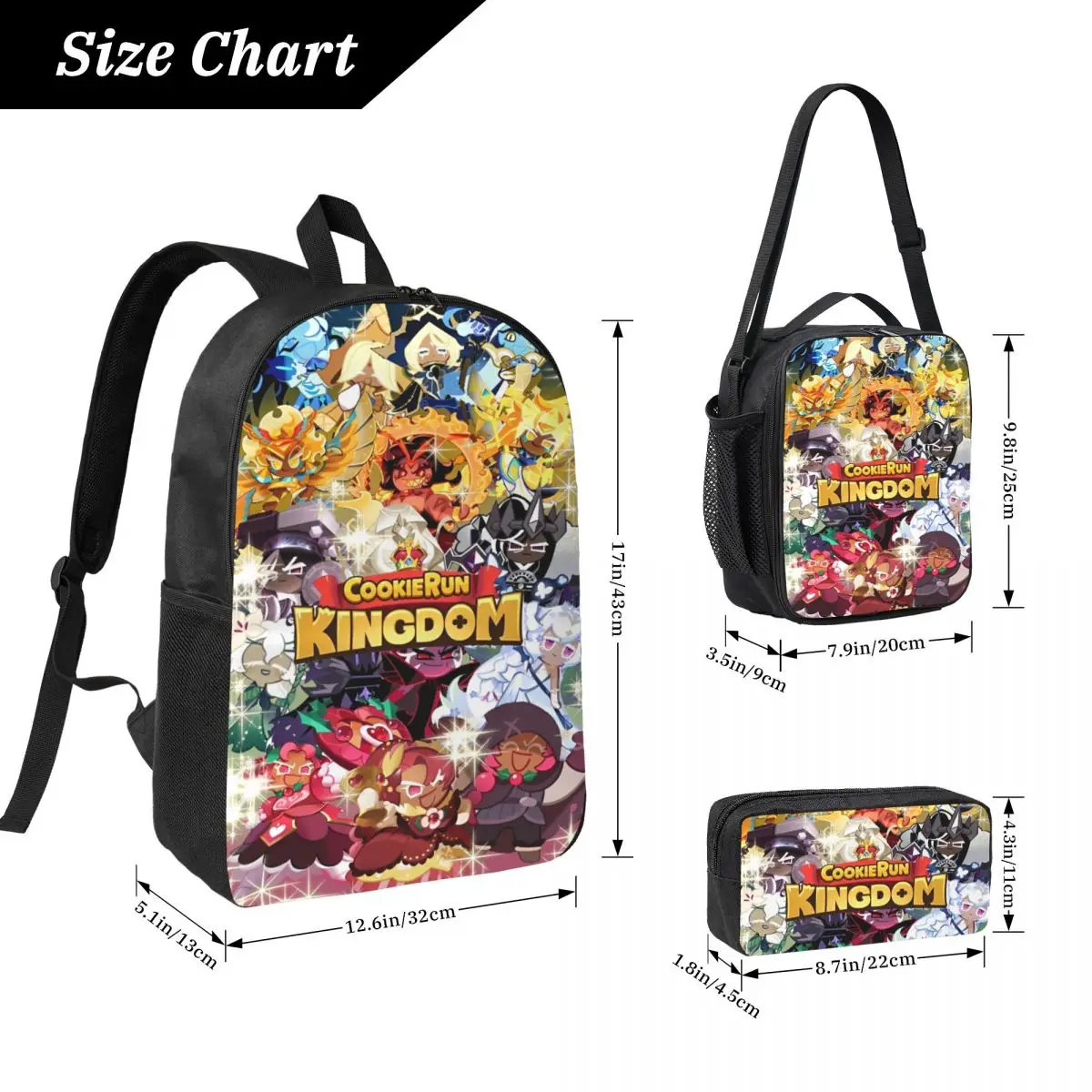 Ensemble de 3 sacs à dos Cookie Run Kingdom pour filles et garçons, sacs à stylos anime, ensembles de sacs à livres avec boîte à déjeuner pour écoliers