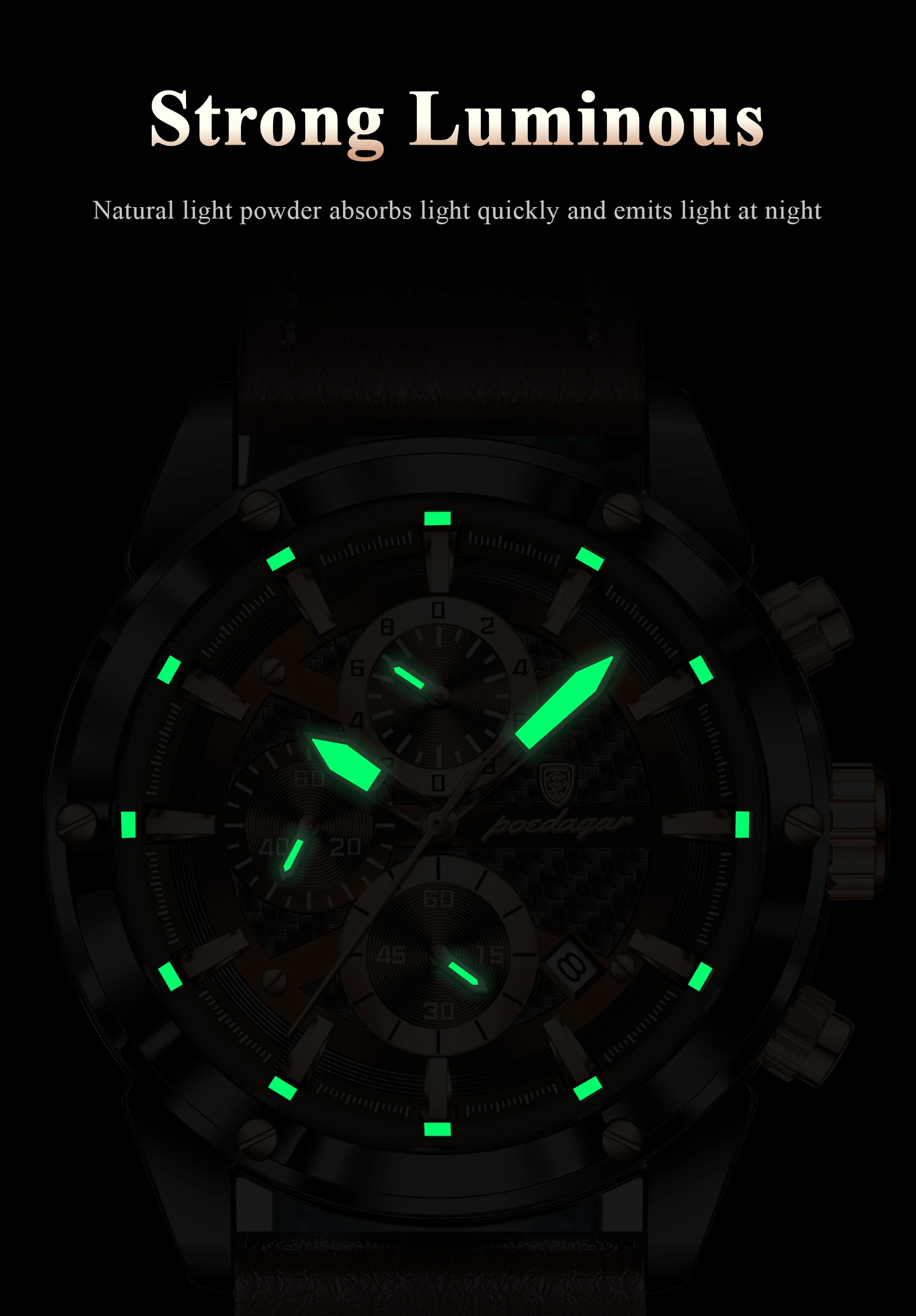 POEDAGAR High Quality Quartz Man Clock Waterproof Luminous Chronograph Date Men Wristwatch Leather Luxury Business Men's Watches