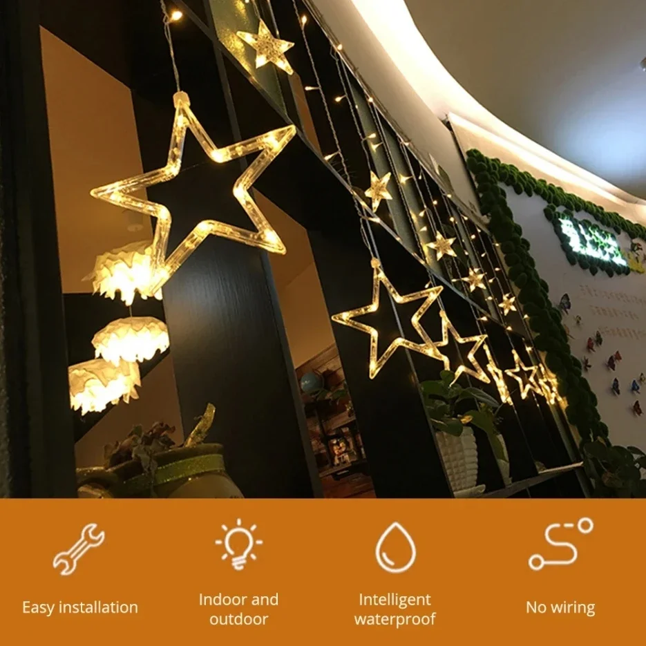 LED الخماسي الستار ضوء غرفة داخلية ديكور ضوء الزفاف عيد ميلاد التحكم عن بعد الستار مصباح سلسلة مع الذيل #4