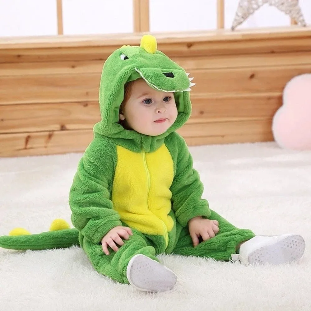 Ciepłe kombinezony niemowlęce z polaru koralowego z kapturem, miękkie pajacyki dla niemowląt z motywem dinozaura, wygodne przebrania, piżamy dziecięce na jesień.