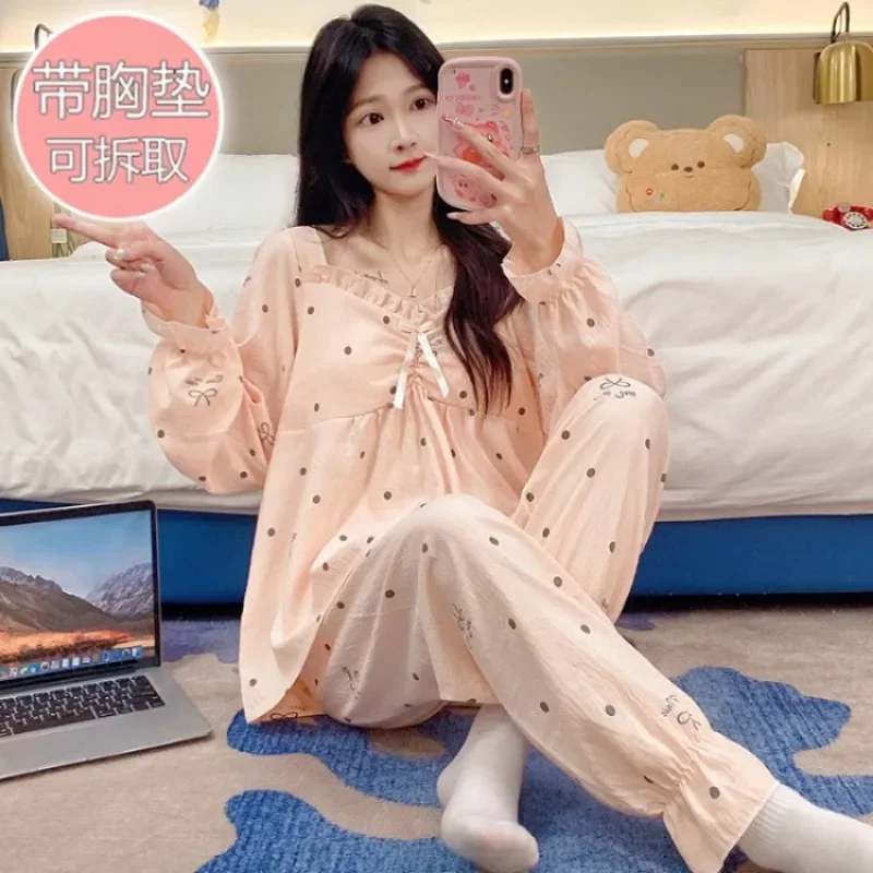 5XL Large Size Sweet Spring Women Home Suit with Cheat Pad Korean Cartoon Cute Pajamas Set Long Sleeve Trouser Loose Nightwear