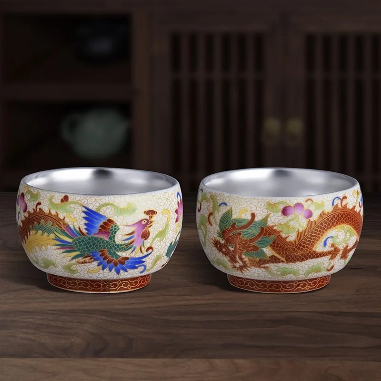 Dragon and Phoenix Silver Cup, Teacup Silver Bowl Ceramic Wrapped Master Teacup Cup Chinese Gift Tea Set