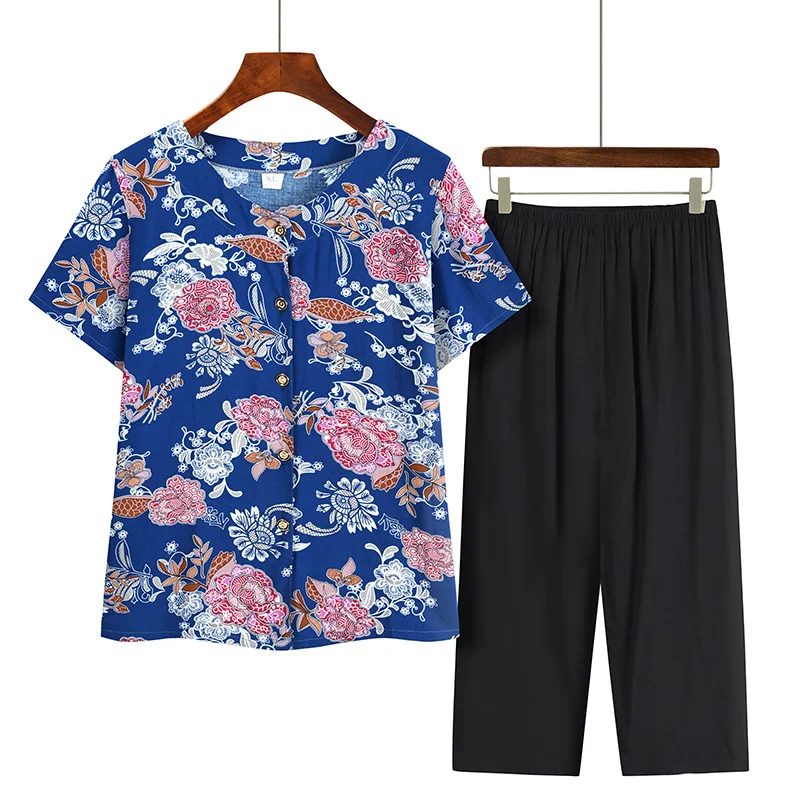 Pijama de verano para madre de mediana edad, conjunto de dos piezas holgado e informal, ropa Floral para el hogar para Mujer