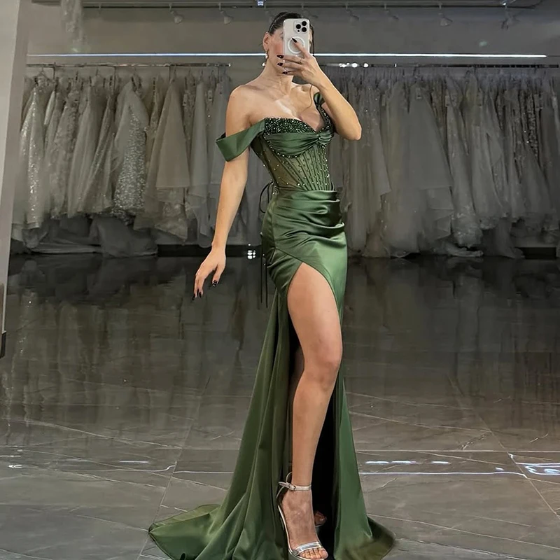 

Dark Green Prom Dress Off The Shoulder Embellished Corset Style Satin Mermaid Evening Dress with High Split Party Dersses