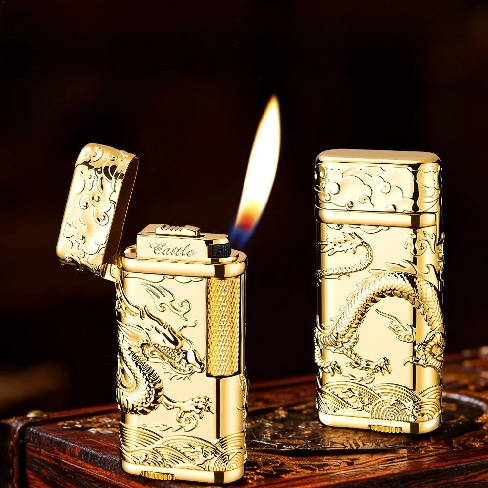 New Embossed Classic Fashion Side-sliding Ignition Grinding Wheel Oblique Fire Point Pipe Inflatable Lighter, Men's Holiday Gift