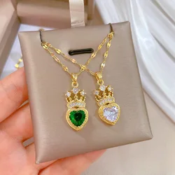 Exquisite Vintage Green White Crystal Queen Crown Necklace Fashionable Cute Noble Design Stainless Steel Lucky Clavicle Chain