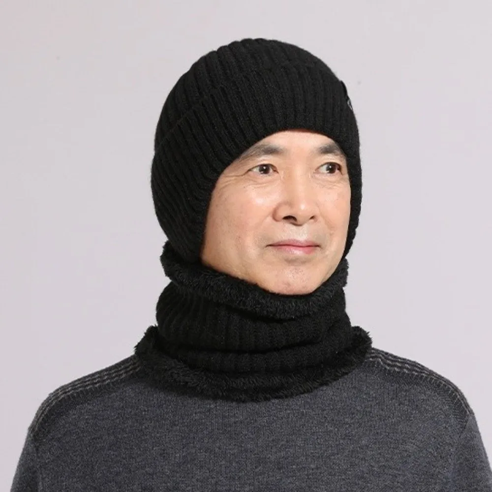 Casual Thick Hat Scarf Set Neck Warm Knitted Beanie Hat Keep Warm Solid Color Ear Protection Hat Male