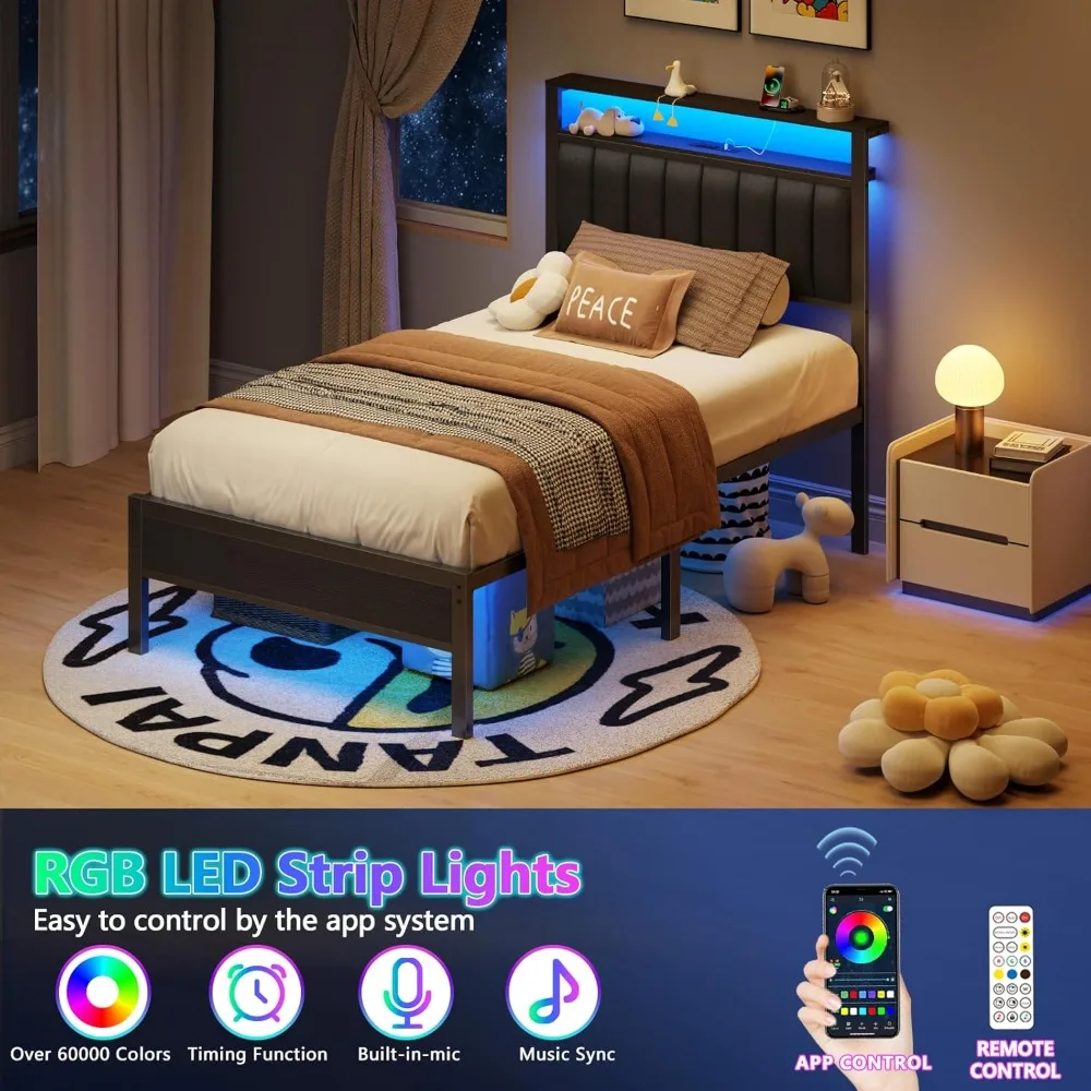 إطار سرير مزدوج الحجم مع قاعدة شحن وأضواء LED، وسرير بمنصة مع شرائح معدنية، ولوح رأسي منجد باللون الرمادي