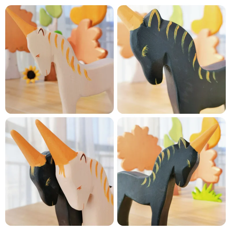 Giocattoli Montessori in legno di unicorno per bambini Handcarft grandi animali fatti a mano figura cognizione giocattoli educativi precoci per bambini