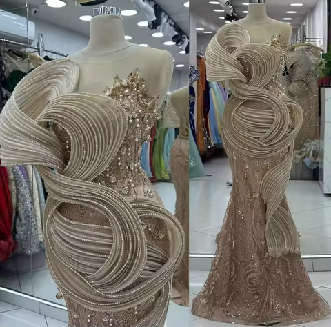 Deep Champagne Arabic Evening Dresses Customized Pearl Crystals Mermaid Prom Dress Robes De Soiree Engagement Party Dress Gowns