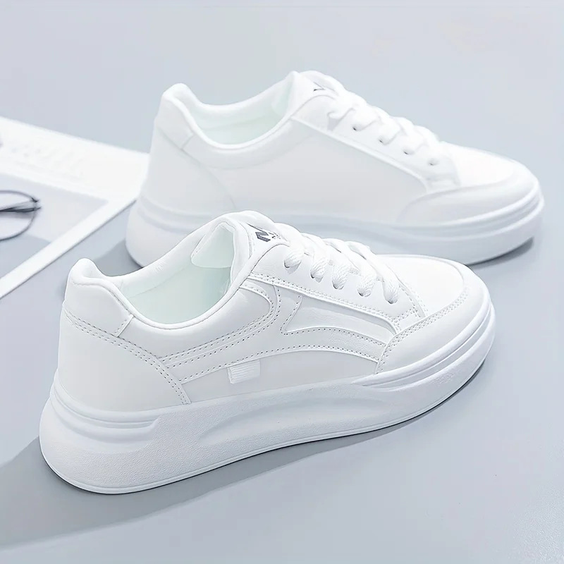 Women White Thick Sole Platform Sneakers, Korean Style Lace Up Faux Leather Casual Skate Shoes, Elevated Chunky Bottom All-Match Daily Walking Shoes, Non-Slip Comfortable Soft Sole Ladies Fashion Board Shoes for Spring Summer Autumn Daily Wear