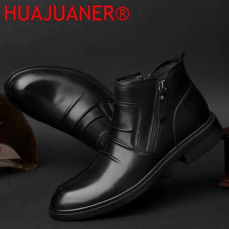 Zapatos de invierno de marca de lujo para hombre, botines masculinos de alta calidad, botas de cuero genuino con cremallera lateral para hombre, zapatos negros clásicos para hombre