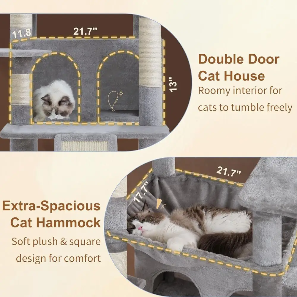 Torre interna para gatos de 80 polegadas com base grande, 2 poleiros de pelúcia, tábua para arranhar e cavernas, cinza claro