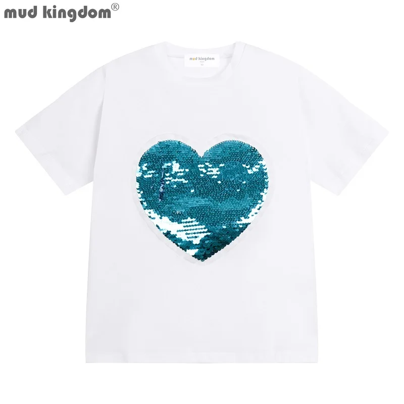 Mudkingdom Girl T Shirts Short Sleeve Heart Shaped Flip Sequin T-Shirt for Kids Summer Clothes Earth Tees Toddler Loose Fit Tops