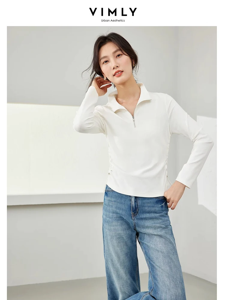 Vimly Casual Stand Collar Half Zipper T-shirt 2024 Spring Side Drawstring Cotton Slim Long Sleeve Top for Woman Pullovers M5783