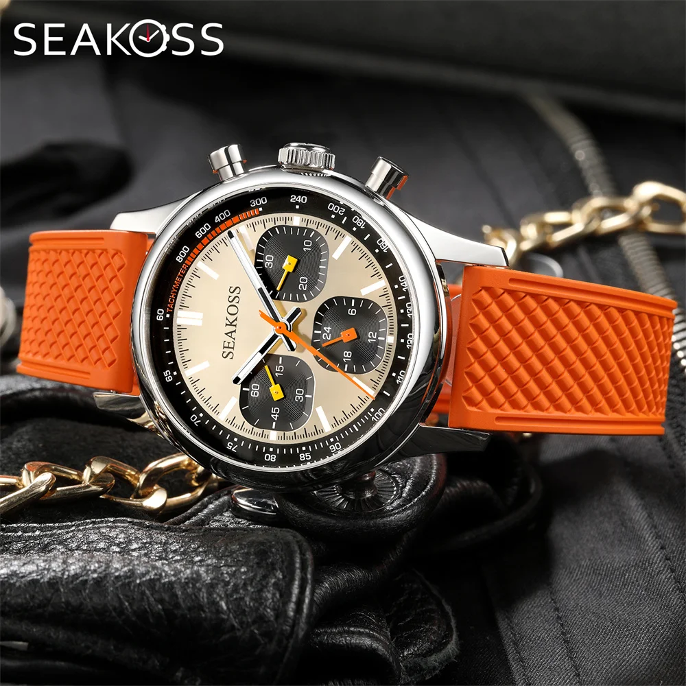 SEAKOSS 1963 Chronograph 40mm Men Mechanical Watch Original ST1903 Movement FKM Pilot Super Luminous Sapphire Wristwatch