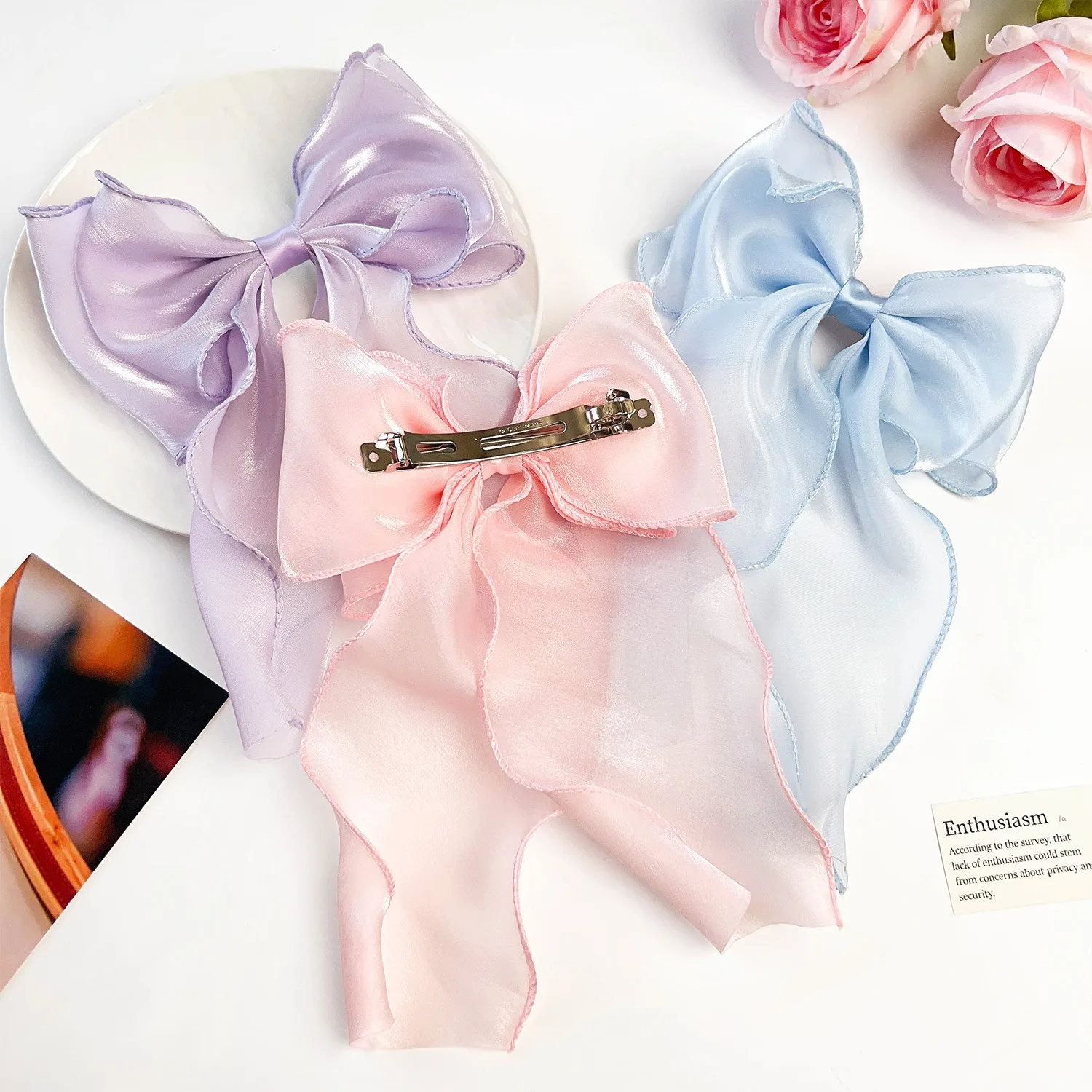 Sweet Chiffon Bow Hair Clips Girls Blue Shining Satin Bowknot Hair Clips Ribbon Bow Barrette Hairpin Grip Ponytail Clip Headwear