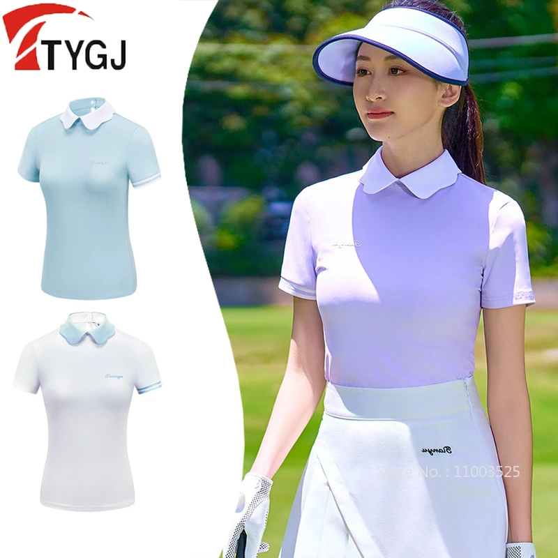 

Ttygj Women Turn-Down Collar Golf Tops Ladies Korean Golf Training T Shirts Short-Sleeved Polo Shirts Ruffle Quick-dry Golf Wear