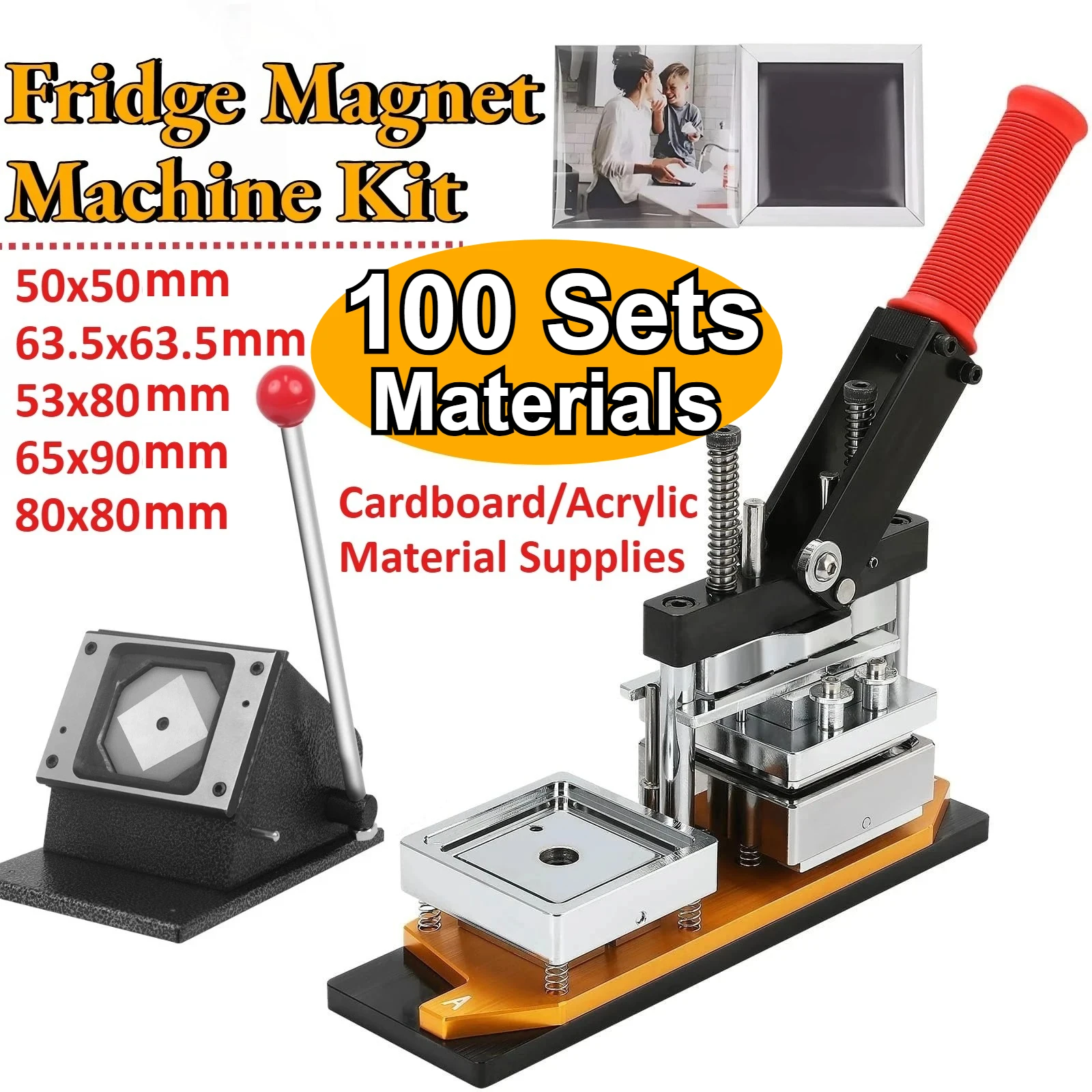 Full Size 50-80mm DIY Photo Magnet Maker Machine Kit with 100 Sets Magnetic Materials and 1 Paper Cutter Refrigerator Sticker