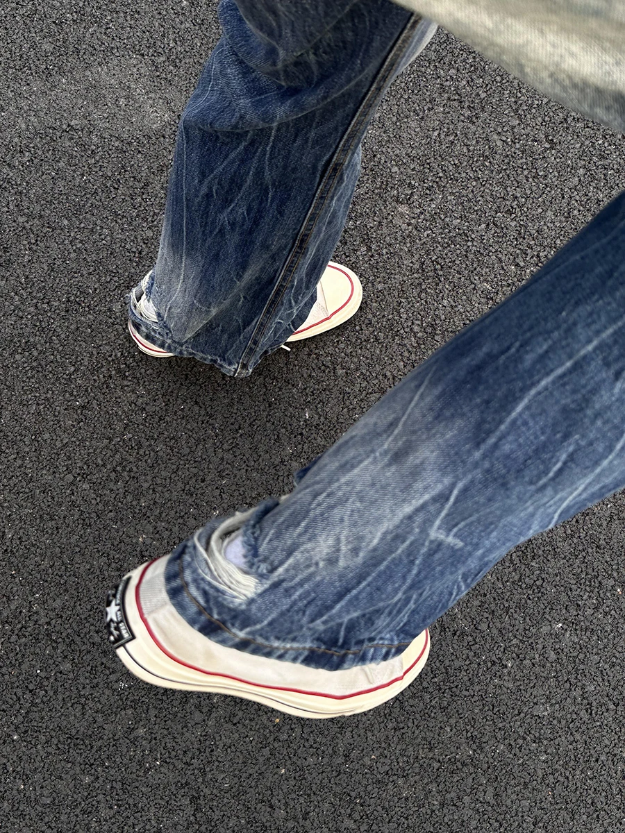 

Light Blue Men's Straight Leg Jeans Spring Autumn High Street Washed Outfit CleanFit Lightning Pattern Casual Loose Fit Jeans
