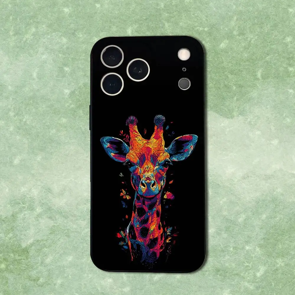 حافظة هاتف على شكل حيوانات فنية بخطوط ملونة لهاتف آيفون 14,13,17,12,11,16,15,Plus,Pro Max,XS,X,XR,SE,Mini,Soft غطاء أسود من السيليكون