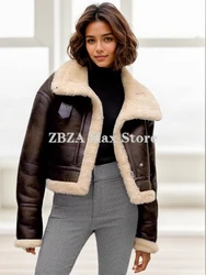 Woman's Faux Leather Cropped Jacket Double Faced Biker Warm Lambswool Thicken Jacket Tabbed Lapel Female Short Coat PU Outerwear