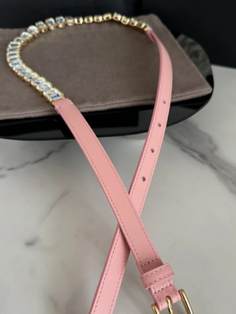 Women's High-end Luxury Brand 1.4cm Thin Belt Waist Chain Fashion Elegant Rhinestone Stitched Belt Dress Clothing Accessories