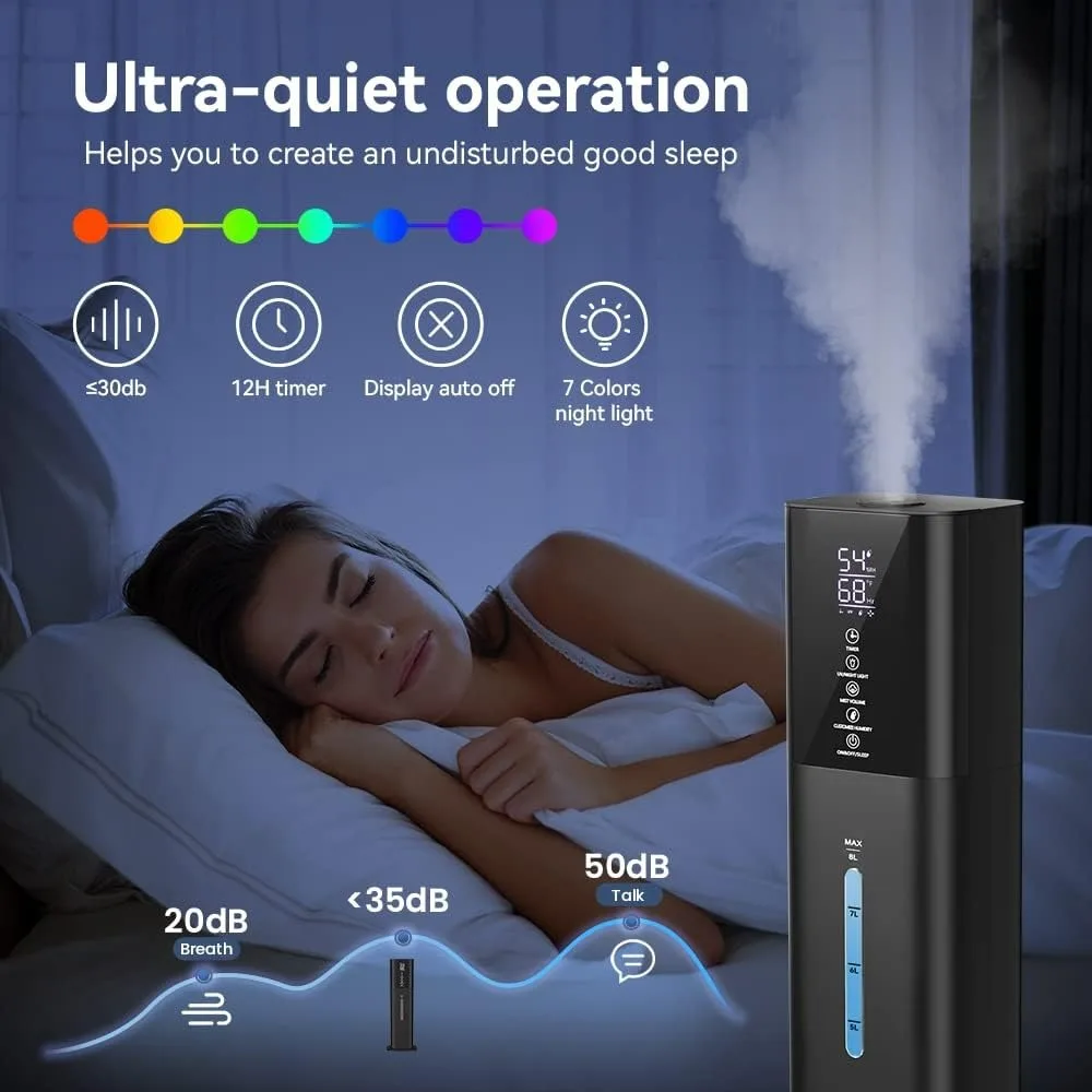 Dormitorio de habitación grande con luz de 7 colores, 2,1 gal(8 L) Humidificador ultrasónico silencioso de niebla fría de 3 velocidades con 360 °   Boquilla, juego de humedad
