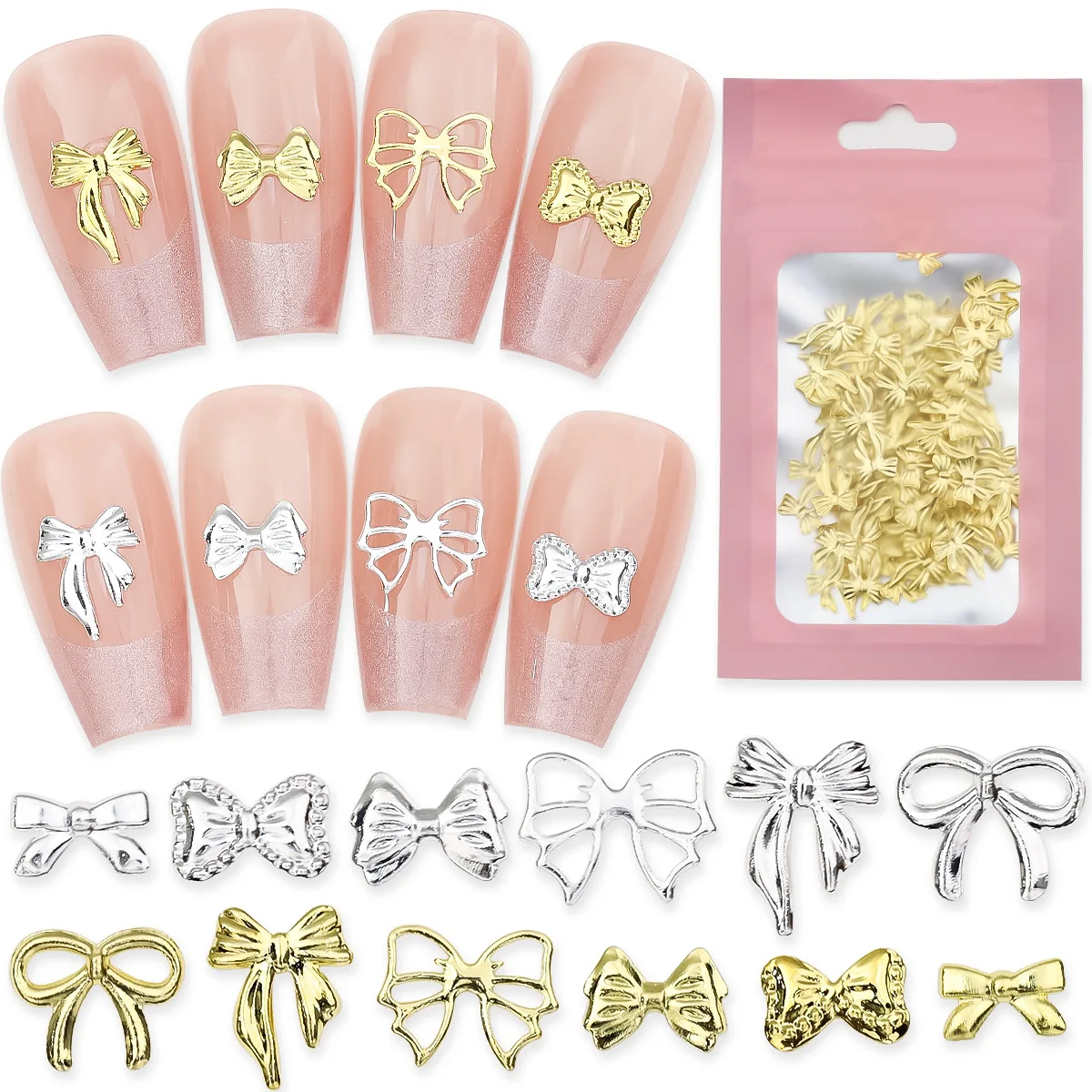 100PCS Fairy Gold Silver Solid Hollow Bow Ribbon Alloy Nail Art Rhinestones Decorations Manicure Ornaments Material Accessories