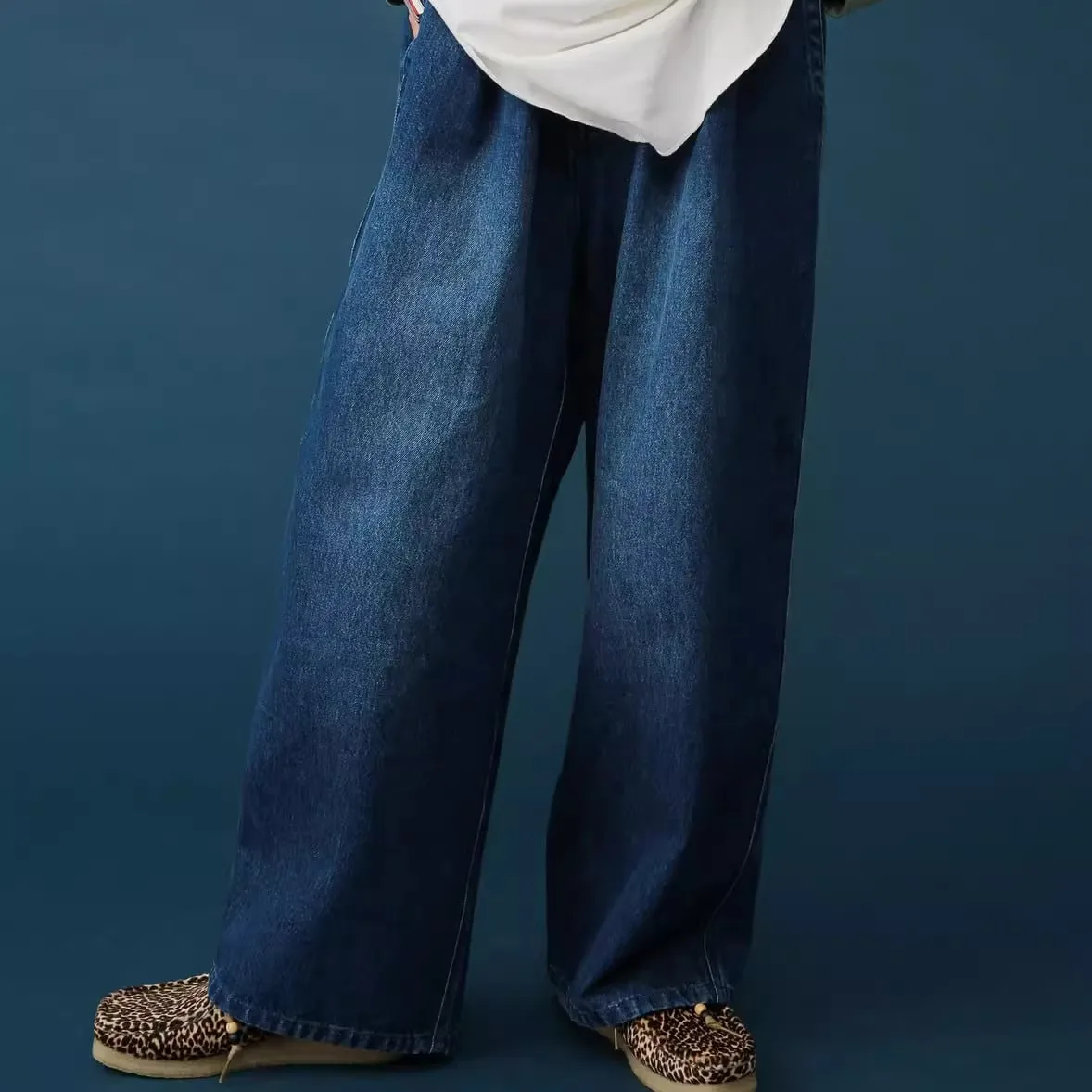 

Джинсы с высокой талией и широкими штанинами, эластичный пояс, коллаборационная серия, повседневные прямые джинсы из синего денима, женские свободные джинсы