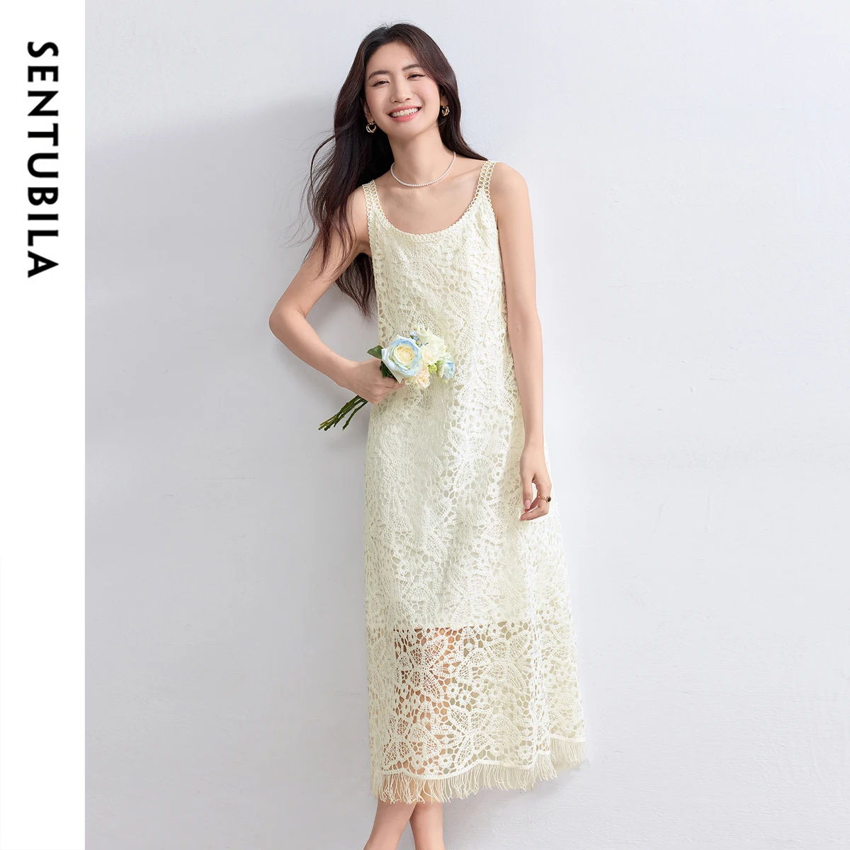 

SENTUBILA Long One Piece Dress Summer 2025 Boho Slip Tassel Sleeveless Sundress Elegant Hollow Out Lace Patry Dresses Q52LD0165