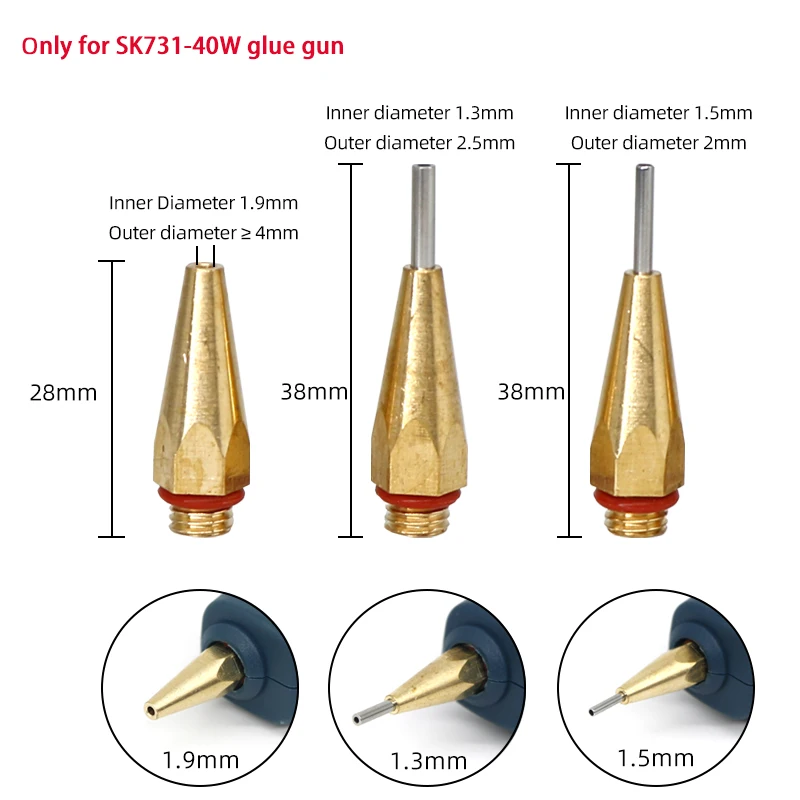 Hot Melt Glue Gun Nozzles only for SK731-40W Glue Gun 1.3mm 1.5mm 1.9mm Small diameter nozzles Copper Nozzle